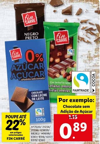 Lidl Fin Carré Chocolate sem Adição de Açúcar promoção