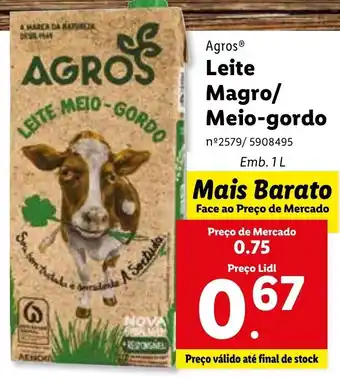 Lidl Agros Leite Magro/Meio-gordo 1L promoção