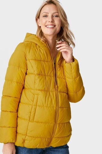 Maternity quilted jacket with hood and baby pouch - recycled