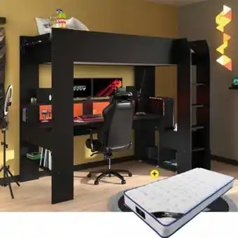 Pack cama alta gamer online c/ secretária + colchão spring roller 90x200cm