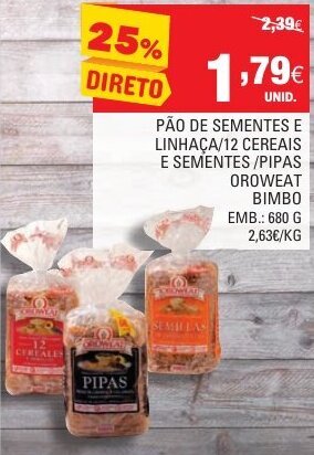 Pão de Sementes e Linhaça/ 12 Cereais e Sementes/ Pipas Oroweat Bimbo 680g