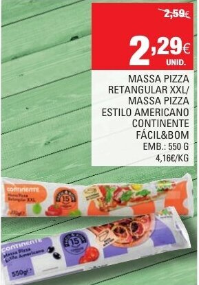 Continente Massa Pizza Retangular XXL/ Massa Pizza Estilo Americano Continente Facíl & Bom 550g promoção
