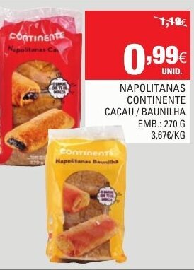 Continente Napolitanas Continente Cacau/Baunilha 270g promoção