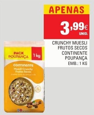 Continente Crunchy Muesli Frutos Secos Continente Poupança 1kg promoção