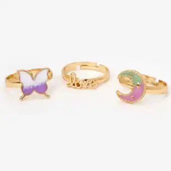 Gold butterfly, "love," & moon rings - 3 pack