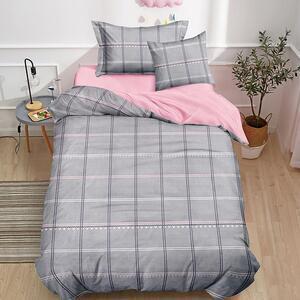 Favi Lenjerie pat 1 persoana, cearsaf cu elastic, 4 piese, bumbac finet, carouri, gri/roz, ps5122 Ofertă