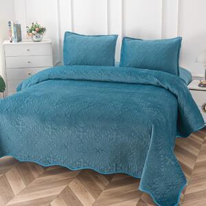 Favi Set cuvertura de pat si 2 fete de perne, catifea, uni, pat dublu, albastru, ccp-02 Ofertă