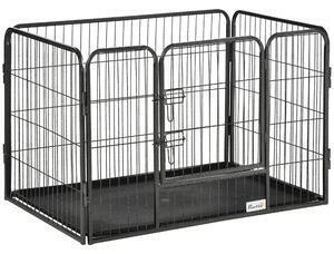Favi Pawhut tarc pentru caini, gard metalic pentru animale cu 4 panouri, usa dubla de blocare si tavă la baza, 125x78x80cm, gri Ofertă