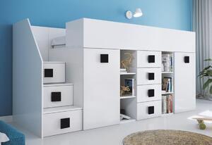 Favi Pat supraetajat pentru copii toledo 3, 248,5x123x93, alb/alb lucios/negre mânere, stanga Ofertă