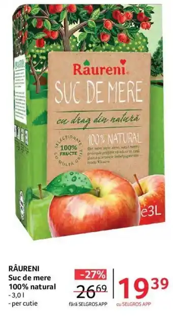 Selgros Răureni Suc de mere 100% natural 3 L Ofertă
