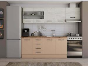 Favi Bucatarie alfa cu blat termic si vitrina, 240x210x60 cm, cappuccino/alb murdar Ofertă
