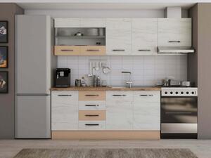 Favi Bucatarie alfa cu blat termic si vitrina, 240x210x60 cm, alb murdar/cappuccino Ofertă