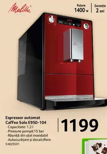melitta Espressor automat Caffeo Solo E950-104 - Capacitate: 1,21 - Presiune pompă:15 bar - Râşniţă din otel inoxidabil - Aut