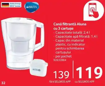 Selgros Brita Cană filtrantă Aluna cu 3 cartușe Capacitate totală: 2,4 L, Capacitate apă filtrată: 1,4 L, per pachet Ofertă