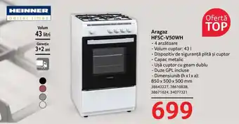 Heinner Aragaz HFSC-V50WH 4 arzătoare, Volum cuptor: 43 L, Capac metalic, Ușă cuptor cu geam dublu, Duze GPL incluse