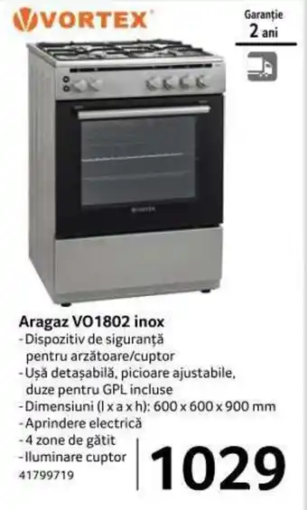 Selgros vortex Aragaz VO1802 inox Dispozitiv de siguranță pentru arzătoare/cuptor, Ușă detașabilă, picioare ajustabile, duze pentru Ofertă
