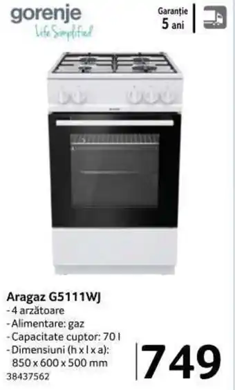 Selgros Gorenje Aragaz G5111WJ 4 arzătoare, Alimentare: gaz, capacitate cuptor: 70 L, Garanție 5 ani Ofertă