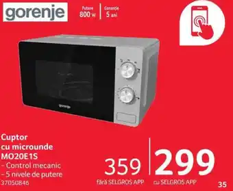 Selgros Gorenje Cuptor cu microunde MO20E1S Control mecanic 5 nivele de putere Ofertă