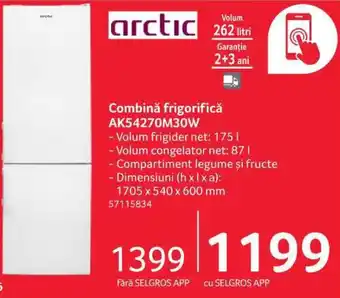 Selgros Arctic Combină frigorifică AK53270M30W Volum 262 litri, Garanție 2+3 ani, Compartiment legume și fructe Ofertă