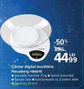 Carrefour Hausberg căntar digital bucătărie HB6015 greutate maximă: 3 kg, oprire automată, functia Tara, functionează cu 2 baterii AAA Ofertă