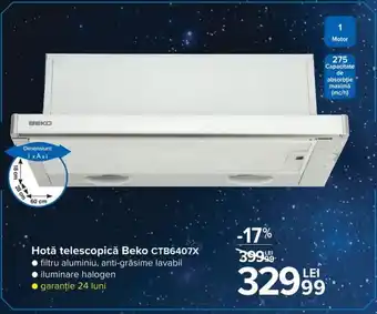 Beko Hotă telescopică CTB6407X filtru aluminiu anti-grăsime lavabil, garantie 24 luni