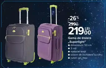 Carrefour Gama de trolere Superlight dimensiuni: 53 cm, 2 roti, material textil, sistem de închidere cu cifru, culori: gri, mov Ofertă