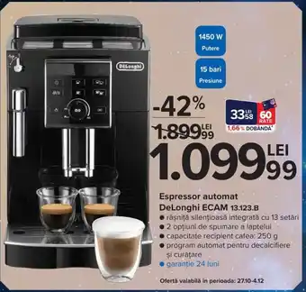 Carrefour DeLonghi Espressor automat ECAM 13.123.B garanție 24 luni, 2 opțiuni de spumare a laptelui Ofertă