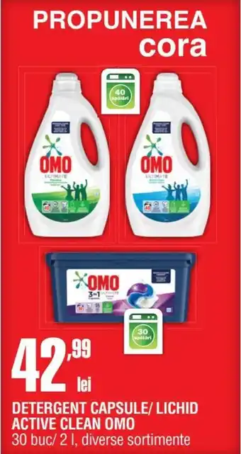 Cora OMO Detergent capsule / lichid active clean 30 buc/2L, diverse sortimente Ofertă