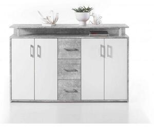 Favi Comoda cu sertare si usi drift, alb-gri beton, 139x34x90 cm Ofertă