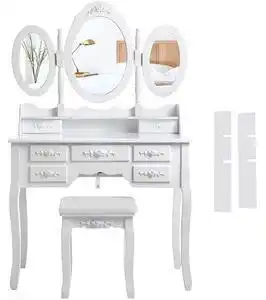 Favi Masuta de toaleta de lux cu 7 sertare, 3 oglinzi si taburet, alb Ofertă