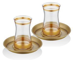 Favi Set 2 pahare cu 2 farfurii pentru ceai unq0007, auriu, sticla 100% Ofertă