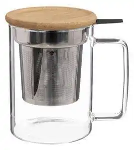 Favi Cana din sticla termorezistenta cu infuzor metalic si capac lemn, 450 ml Ofertă