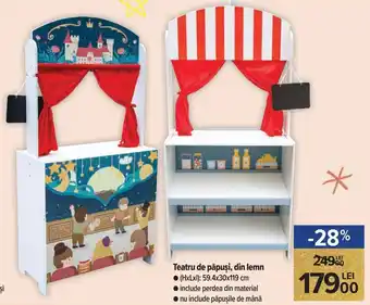 Carrefour Market Teatru de păpuși, din lemn (HxLxl): 59.4 x 30 x 119 cm, include perda din material, nu include păpușile de mănă Ofertă