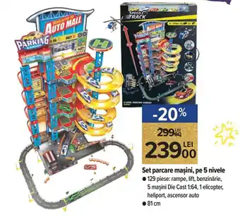 Carrefour Market Set parcare mașini, pe 5 nivele, 129 piese: rampe, lift, benzinărie, 5 mașini Die Cast 1:64, 1 elicopter, heliport, 81 cm Ofertă