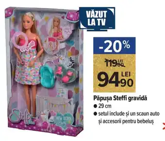 Păpușa Steffi gravidă 29 cm, setul include și un scaun auto și accesorii pentru bebeluș