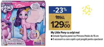 Carrefour Market My Little Pony cu aripi moi include figurina ponei roz Princess Petals de 15 cm, 5 accesorii cu care copiii o pot pregăti Ofertă