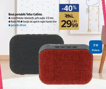 Boxă portabla Tellur Callisto connectivitate: bluetooth, jack audio: 3.5 mm, Radio FM, funcție de apel în regim hands-free