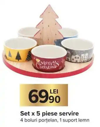 Carrefour Market Set x 5 piese servire 4 boluri porțelan, 1 suport lemn Ofertă