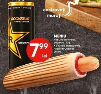PROFI Meniu Hot Dog crenvurști cabanos 130g, Băutură energizantă Rockstar Original: 250 ml Ofertă