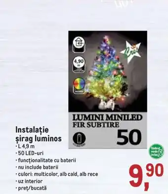 Instalație șirag luminos, L 4,9m, 50 LED-url, funcționalitate cu baterii, nu include baterii, culori: multicolor, alb cald...