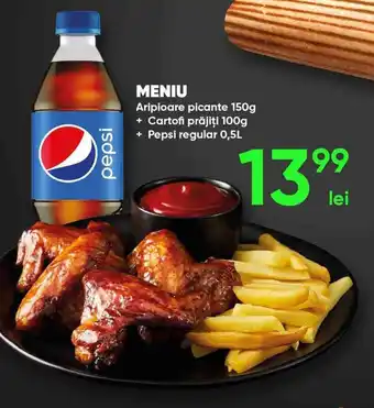 PROFI Meniu Aripioare picante 150 g Cartofi prâjiți 100 g, Pepsi regular 500 ml Ofertă