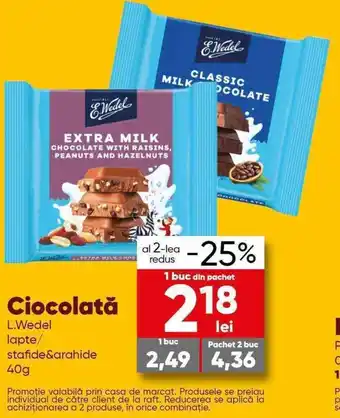 PROFI L.Wedel Ciocolată lapte / stafide&arahide 40 g Ofertă