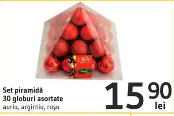 Set piramidă 30 globuri asortate auriu, argintiu, roșu