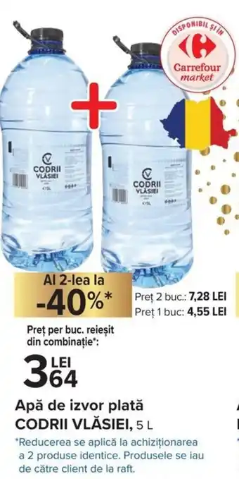 Carrefour Codrii Vlăsiei Apă de izvor plată 5L Ofertă