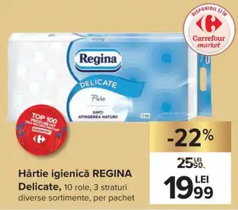 Carrefour Regina Hărtie igienică Delicate, 10 role, 3 straturi diverse sortimente, per pachet Ofertă