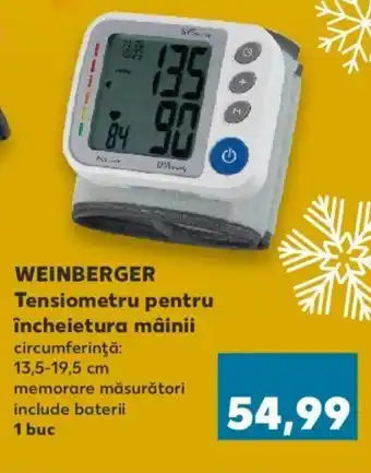 Kaufland Weinberger Tensiometru pentru încheietura mâinii circumferință: 13,5 - 19,5 cm memorare măsurători include baterii 1 buc Ofertă