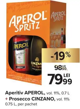 Cinzano Aperol Aperitiv vol 11%, 0.7L + Prosecco vol. 11%, 0.75L per pachet