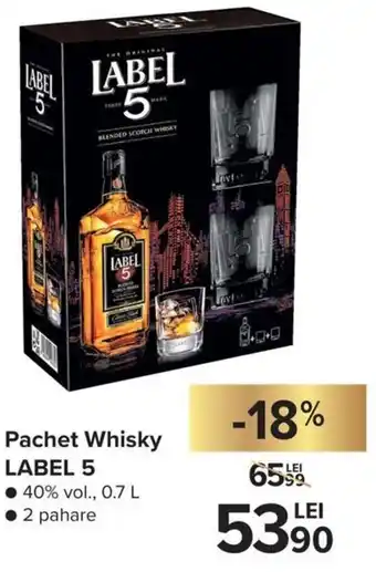 Carrefour Label 5 Pachet Whisky 40% vol. 0,7L 2 pahare Ofertă