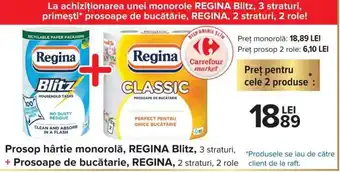 Carrefour Market Regina Prosop hârtie monorolă Blitz 3 straturi + Prosoape de bucătarie 2 straturi, 2 role Ofertă