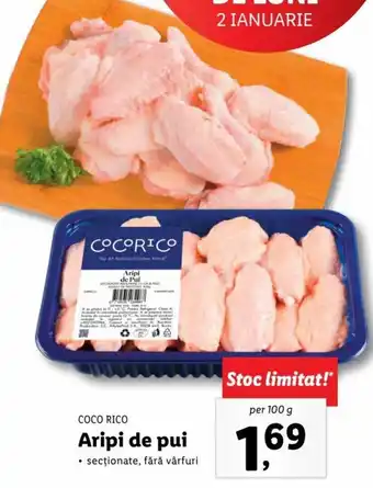 Lidl Coco rico aripi de pui secționate fără vârfuri per 100g Ofertă